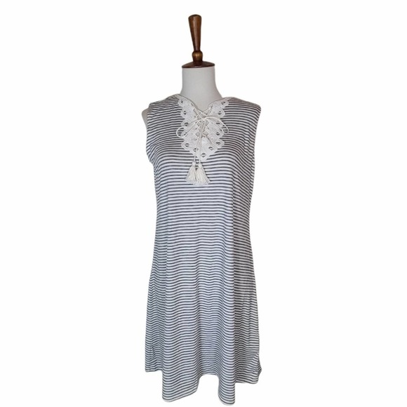 Max Studio Navy White Striped Sleeveless Tassel Lace Mini Dress XS NWT - Picture 2 of 8